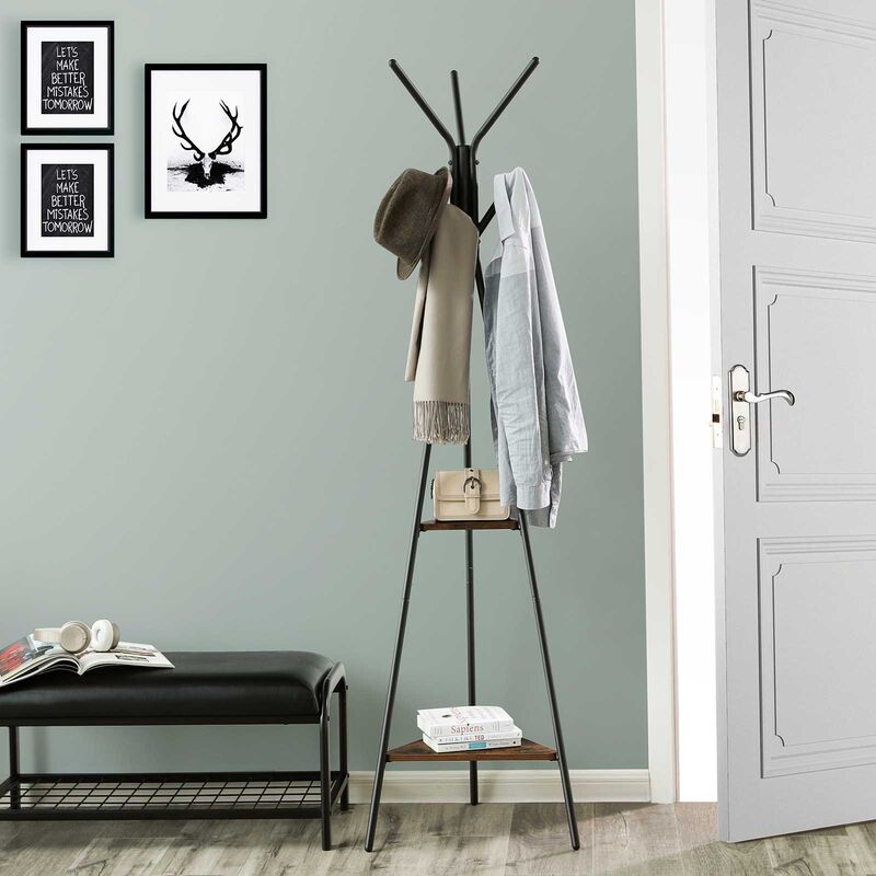 Coat Rack Stand, Coat Tree, Hall Tree Free Standing with 2 Shelves