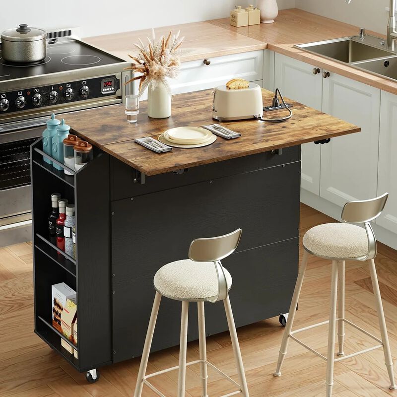 Rolling Kitchen Island with Drop Leaf Tabletop and Power Outlet Station- Black image number 3