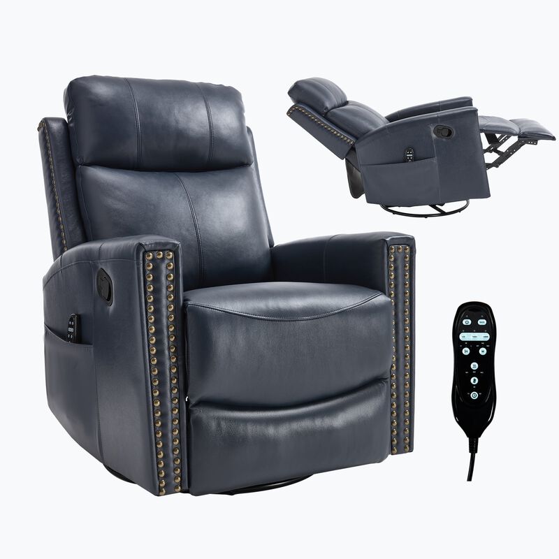 Genuine Leather Heat Massage Manual Recliner Chair with Rocker and Swivel for Living Room image number 0