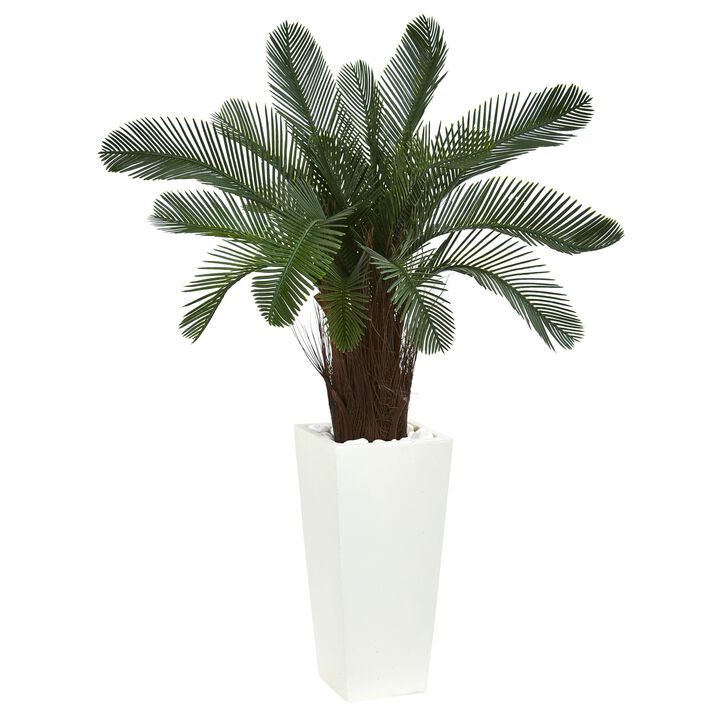 HomPlanti 40 Inches Cycas Artificial Tree in White Tower Planter UV Resistant (Indoor/Outdoor)