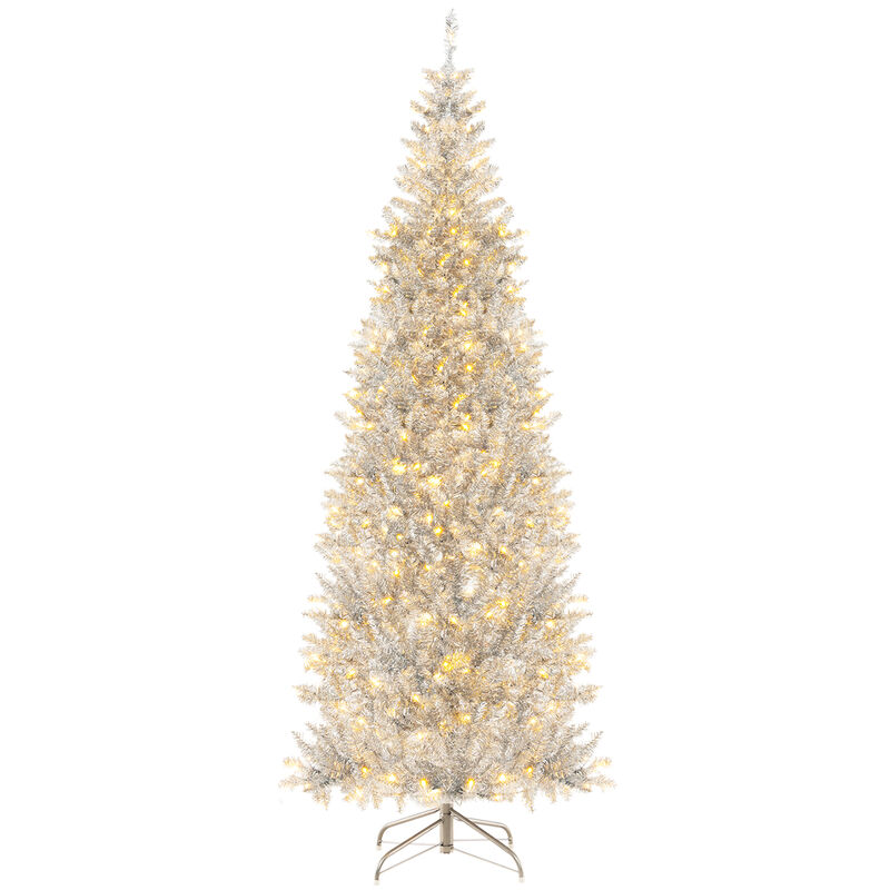Pre-Lit Artificial Silver Tinsel Christmas Tree for Sparkling Holiday D&eacute;cor with Bright LED Lights