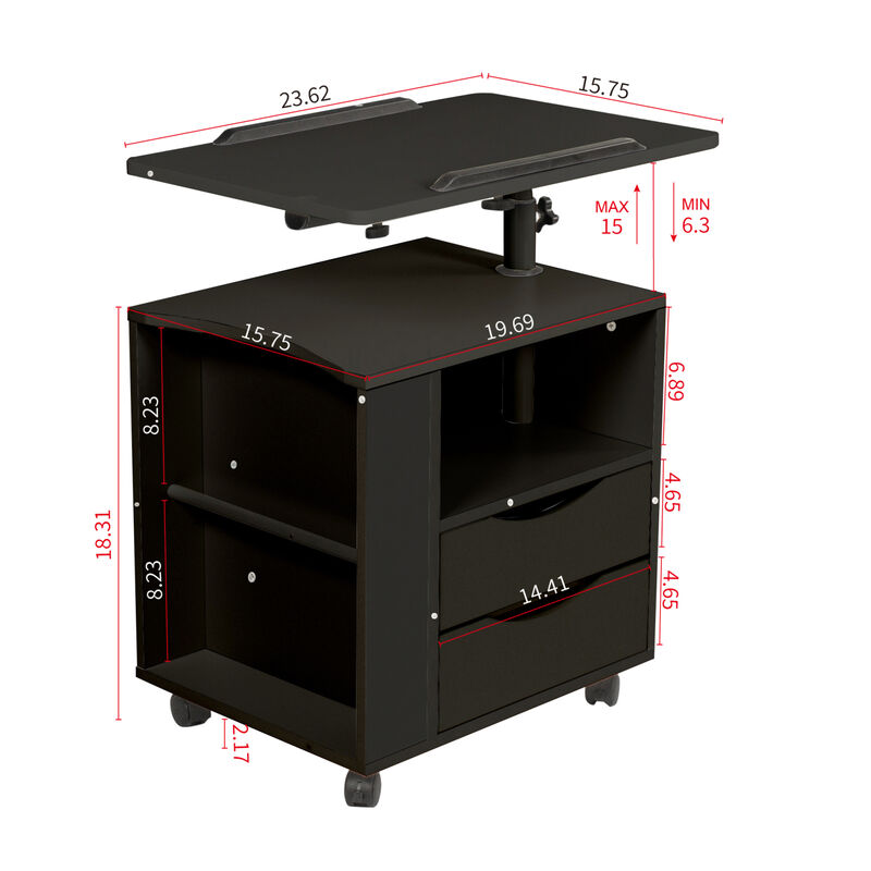 Height Adjustable Overbed End Table Wooden Nightstand with Swivel Top, Drawers, Wheels and Open Shelf, Black