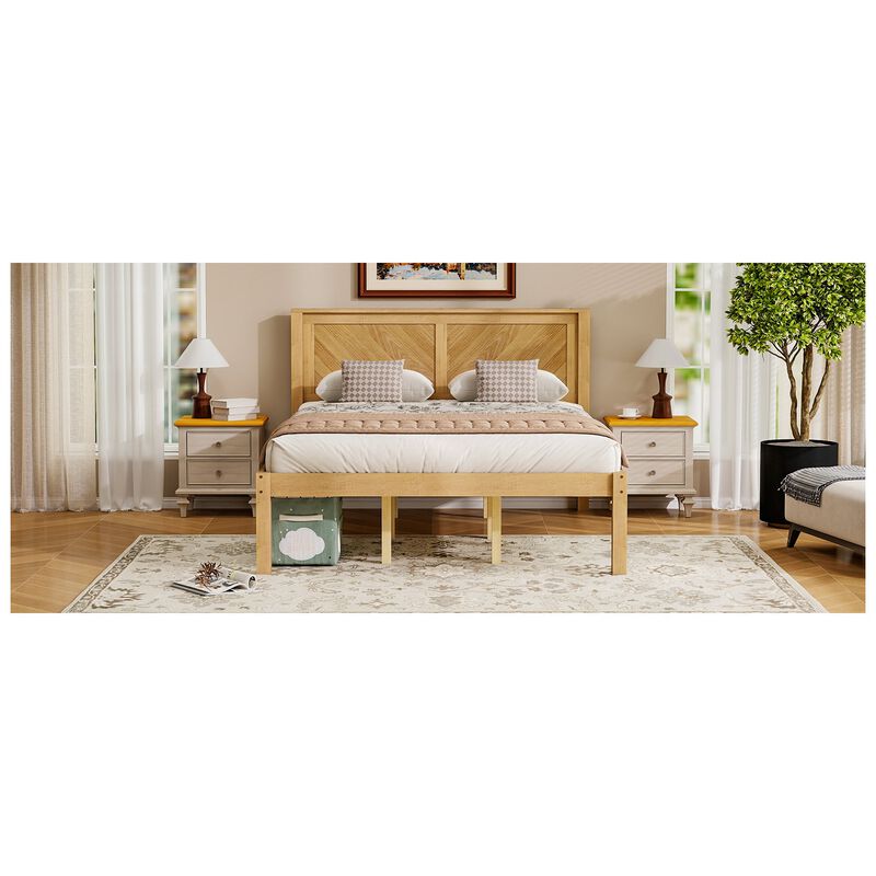 Queen Solid Wood Platform Bed with Herringbone Headboard, Natural Oak Finish, Farmhouse image number 8