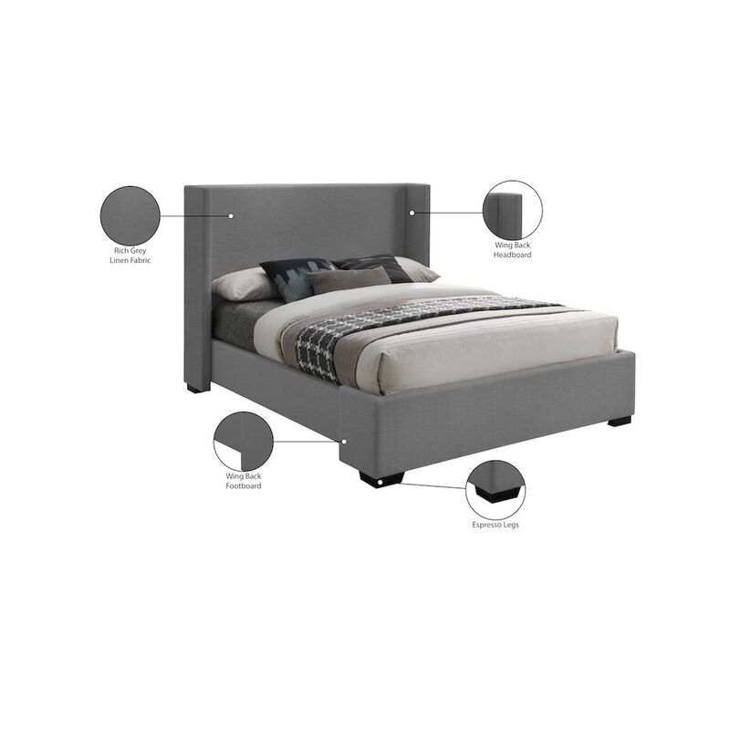 Meridian Furniture Oxford Grey Linen Textured Fabric Queen Bed
