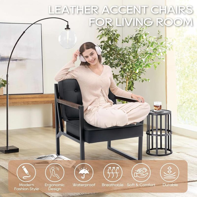 ShipItFurniture Mid-Century Black Faux Leather Accent Chair image number 4