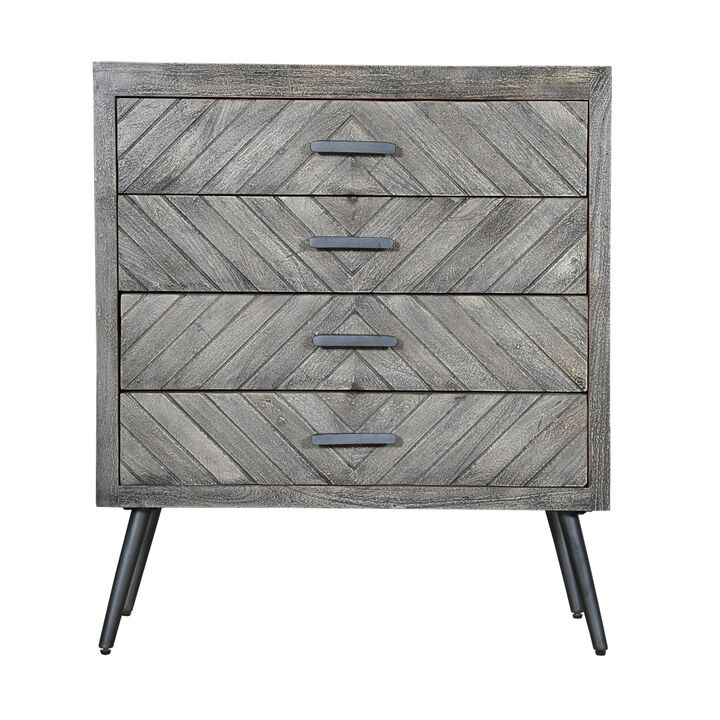 Shon 33 Inch Chevron Pattern Wood 4 Drawer Accent Dresser Chest with Angled Metal Legs, Distressed Gray-Benzara