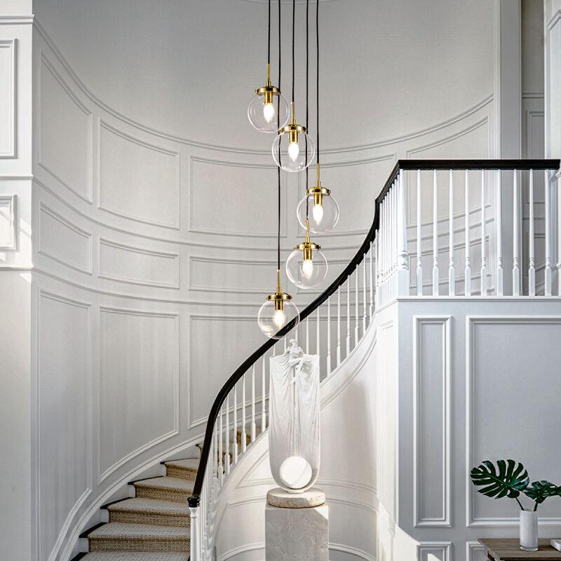 5-Light Antique Gold Staircase Modern Chandelier Foyer Pendant With Clear Globe Bubble Glass Accents image number 2