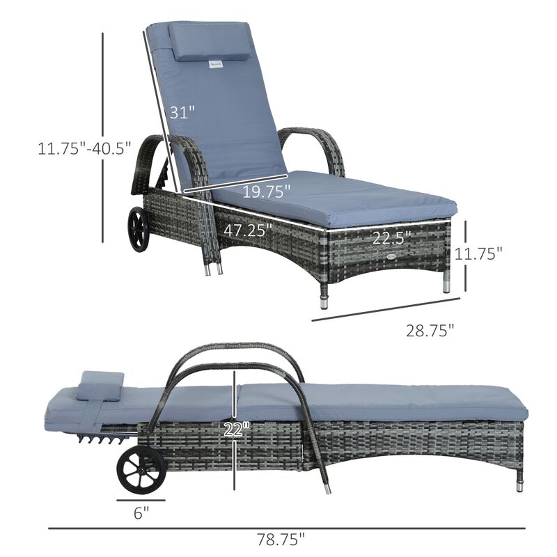 Patio Wicker Chaise Lounge, PE Rattan Outdoor Lounge Chair with Cushion, Height Adjustable Backrest & Wheels, Grey