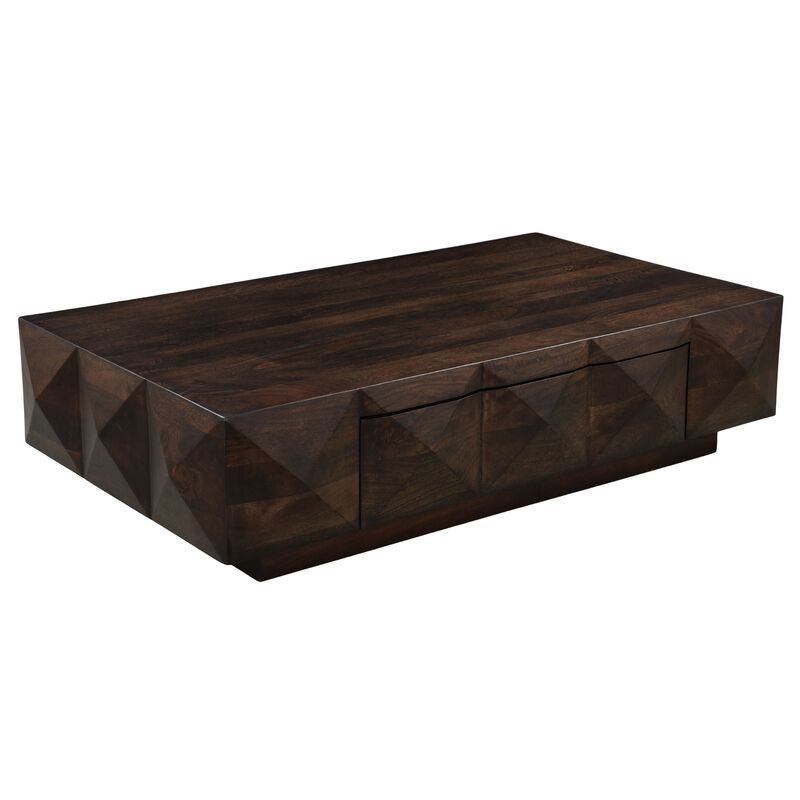 Jisaku 48 Inch Coffee Table with Storage Drawer, 3D Diamond Carved Panels, Walnut Brown Mango Wood image number 2