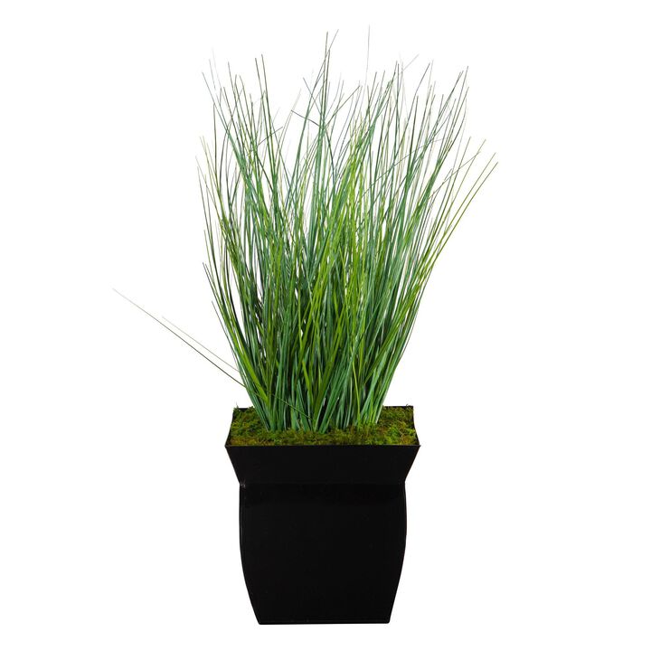 Nearly Natural 21-in Onion Grass Artificial Plant in Black Metal Planter