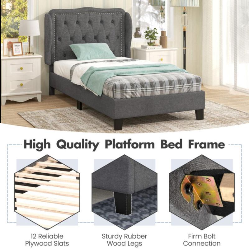 Hivvago Twin Size Bed Frame with Button Tufted Wingback Headboard and Storage Space