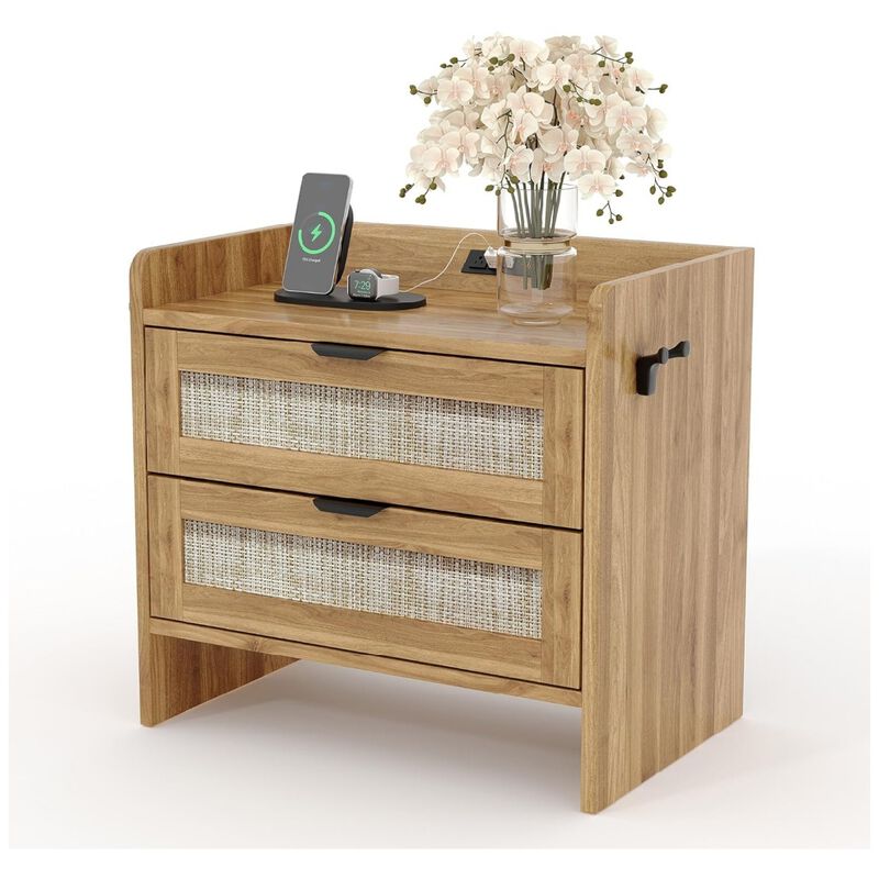 Rattan Nightstand, Bedside Table with Type-C Charging Station - 2 Storage Drawer Space, Boho End Table Side Table, Walnut Brown 1pcs image number 0