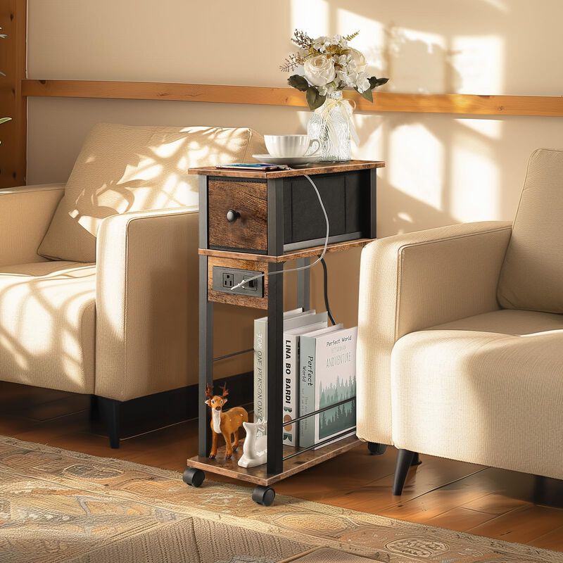 DGSANDGO Side Table with Charging Station and Drawer, Narrow End Table with USB Ports and Outlets for Small Space, Living Room,