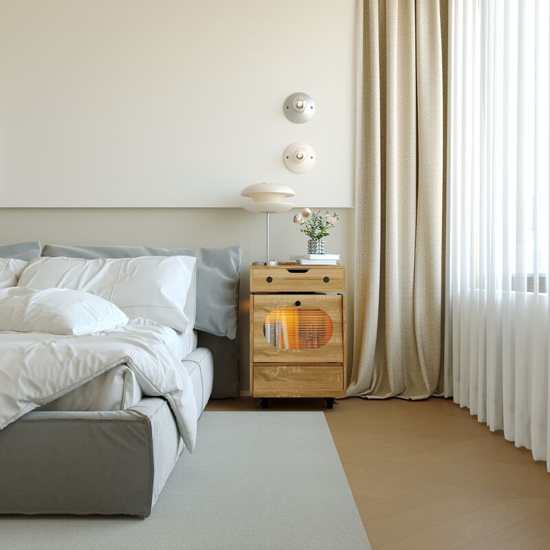 FUFU&GAGA Modern Robot Design Nightstand with 360° Swivel Top, Glass Door and Drawer, Touch LED Lighting, (18.9 in. W x 16.8 in. D x 29.4 in. H), Brown