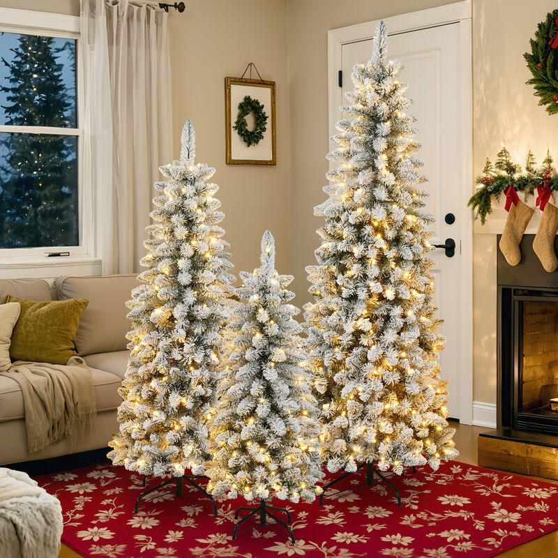 Whisen 3 Pcs Flocked Artificial Christmas Tree Set with Lights, 4ft 5ft 6ft Christmas Snow Tree Set image number 1
