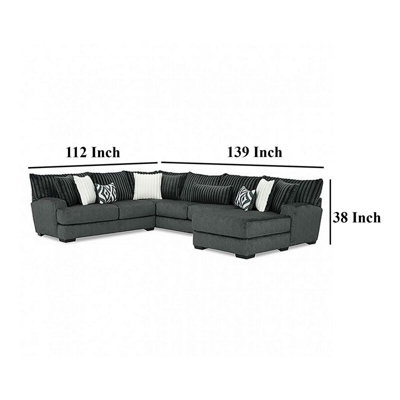 Leighton Sectional L Sofa, Gray Chenille, 9 Throw Pillows, 139 Inch - Benzara image number 4
