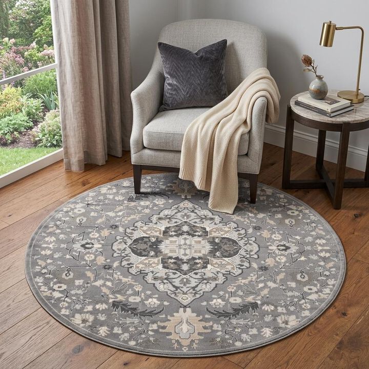 HomeRoots Floral Medallion Non Skid Round Rug