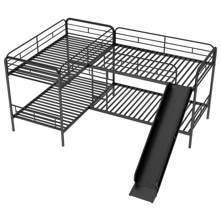 Merax Twin Size L-Shaped Metal Bunk Bed, 4 Beds in 1 with Slide & Ladder