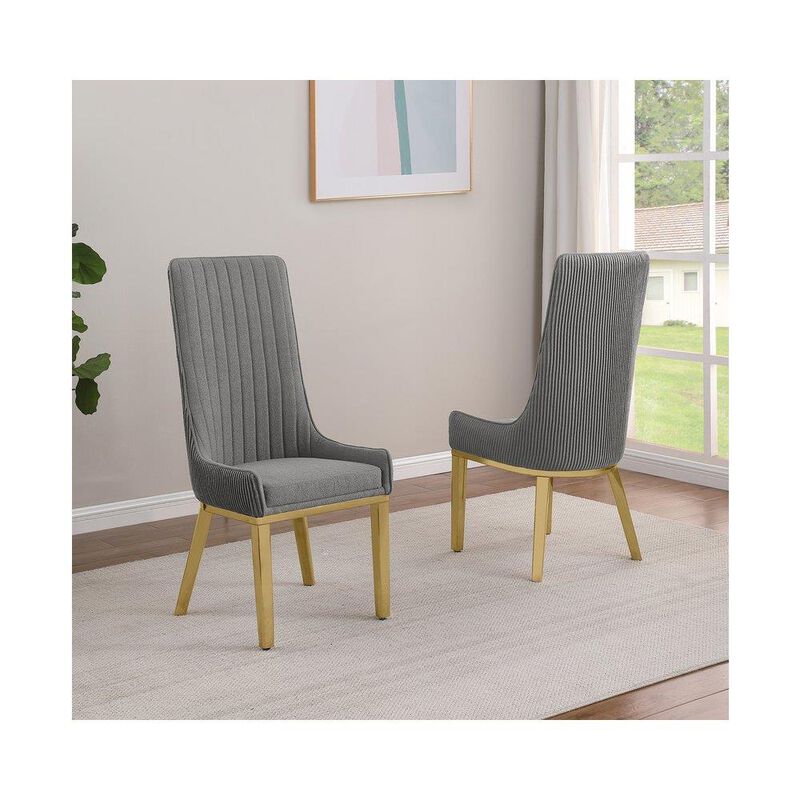 Set of 2 Gray Teddy Fur Dining Chairs with Gold Chrome Base and Pleated Back Design