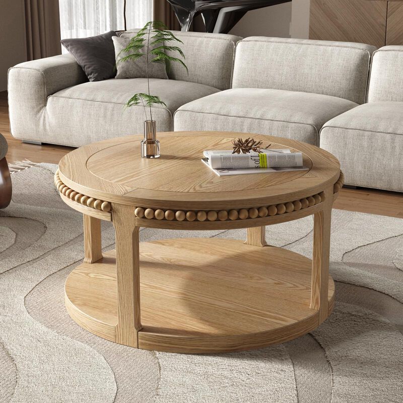 31.5" Rustic Solid Wood Round Coffee Table with 2-Tier Storage Shelf, Modern Farmhouse Accent Table for Living Room image number 2