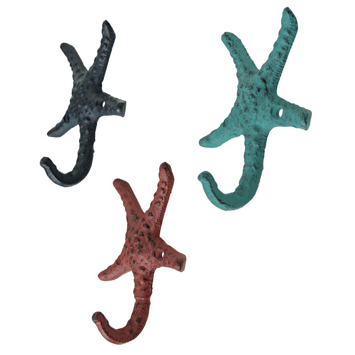 Set of 3 Cast Iron Blue and Coral Orange Starfish Decorative Wall Hooks: Towel, Hat, Key Hangers for Beach Decor, 4.5 Inches High - Coastal Elegance for Your Home