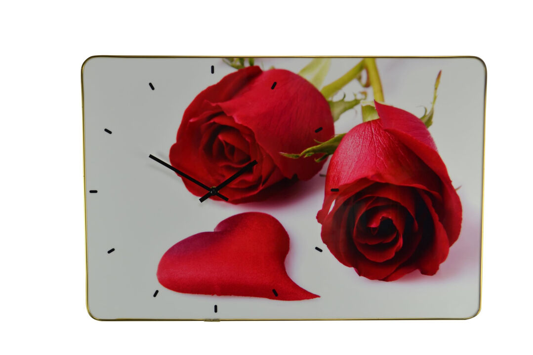 HomeRoots 24" Red White And Gold Solid Wood and Acrylic Silent Roses Floral Wall Clock