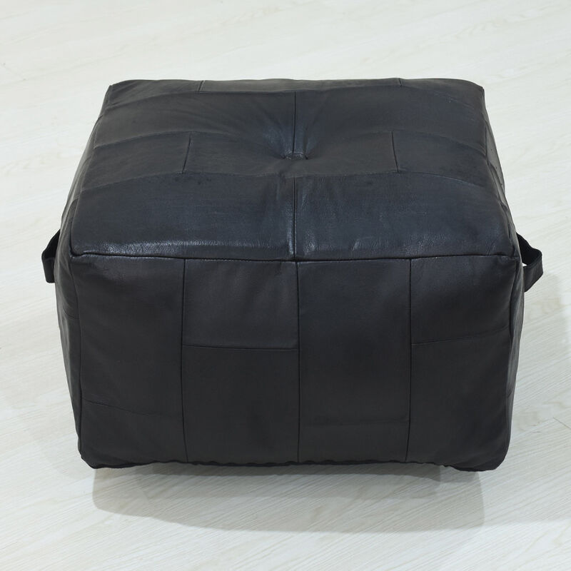 Geometric Handmade Leather Square Pouf 21"x21"x12" (Recycled Foam with Fibre Fill) Black Color MABBBACPF25 BBH Homes