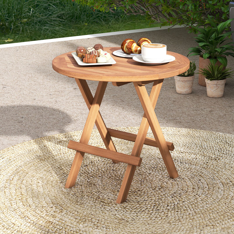Round Patio Folding Coffee Table Teak Wood with Slatted Tabletop
