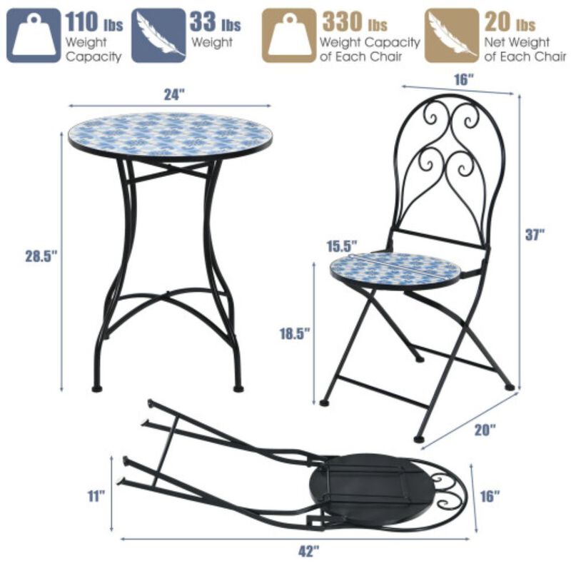 3 Pieces Patio Bistro Furniture Set with Mosaic Design