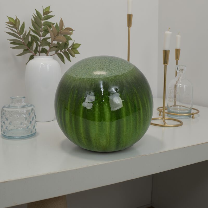 Mary Tabletop Accent Decor, Modern Round Orb, 10 Inch Green Ceramic - Benzara