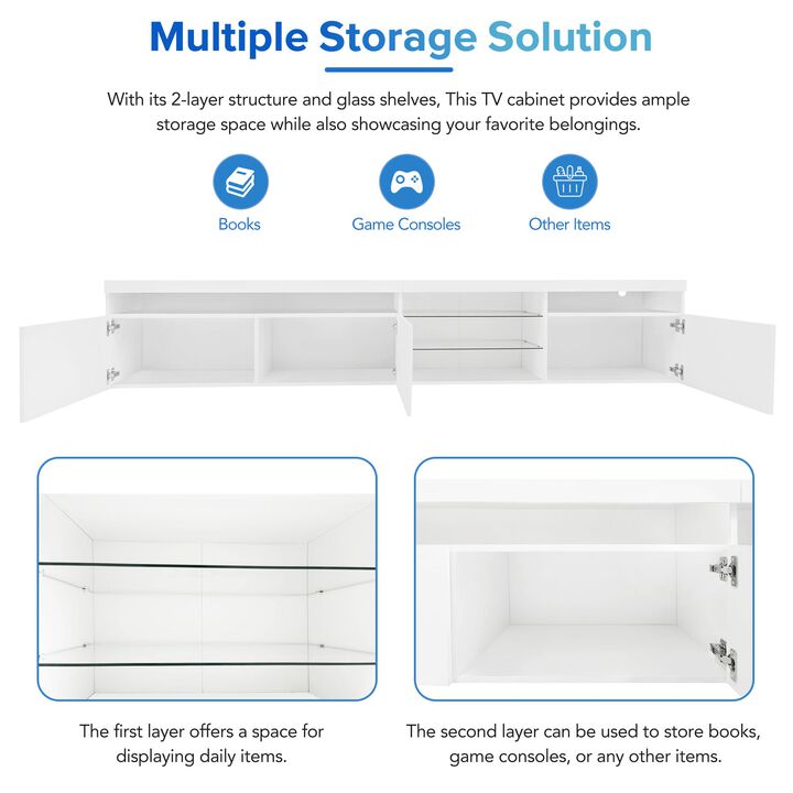 Clihome LED Lights TV Stand with 2 Glass Shelves for Living Room