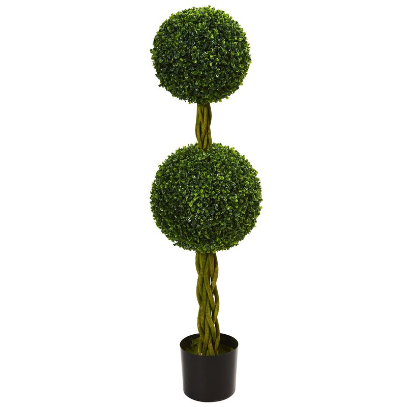 Hivvago 4 Feet Boxwood Double Ball Artificial Topiary Tree with Woven Trunk UV Resistant (Indoor/Outdoor)