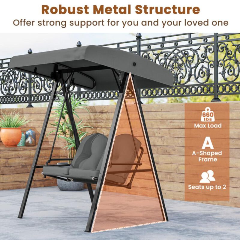 Hivvago 2-Person Outdoor Porch Swing with A-Shaped Metal Stand and Adjustable Canopy