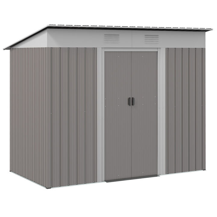 Outsunny 7' x 4' Metal Lean to Garden Shed, Outdoor Storage Shed, Garden Tool House with Double Sliding Doors, 2 Air Vents for Backyard, Patio, Lawn, Light Gray