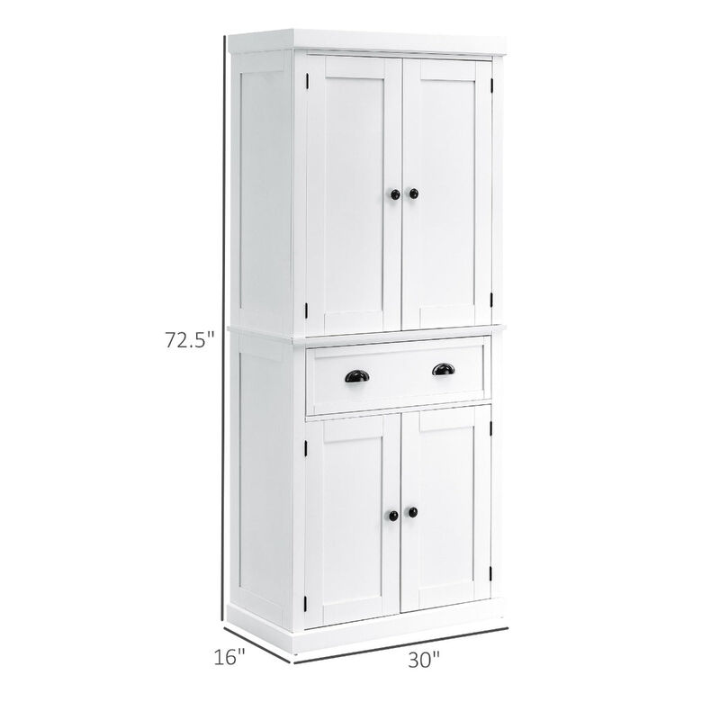 White Kitchen Pantry: 72" Freestanding with Cupboards, Drawers