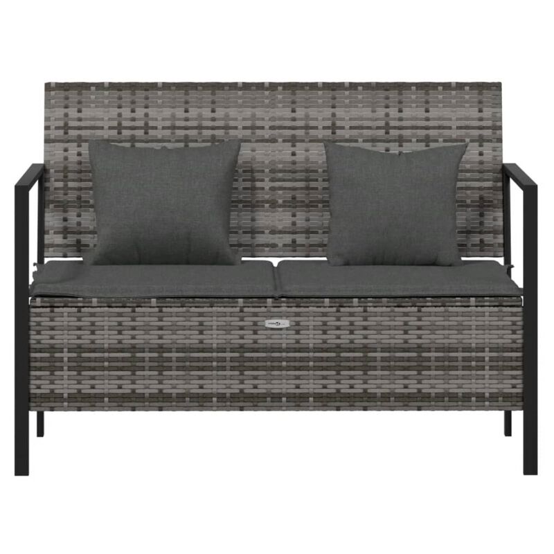 vidaXL Outdoor Patio Bench - 2 Seater Garden Furniture with Storage Compartment, Gray PE Rattan & Steel Frame, with Cushions