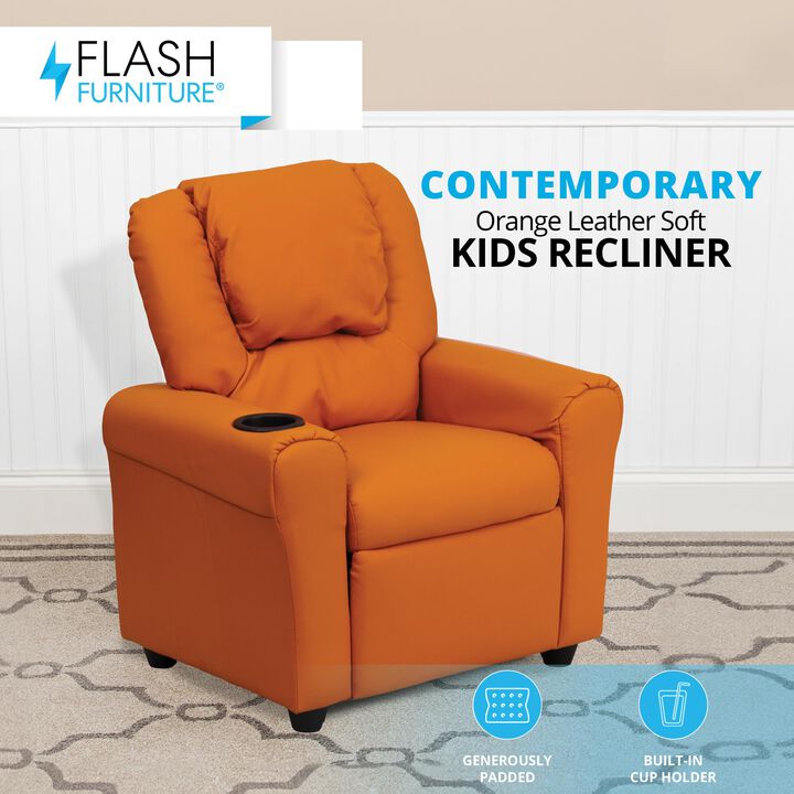Flash Furniture Vana Vinyl Kids Recliner with Cup Holder, Headrest, and Safety Recline, Contemporary Reclining Chair for Kids, Supports up to 90 lbs., Orange
