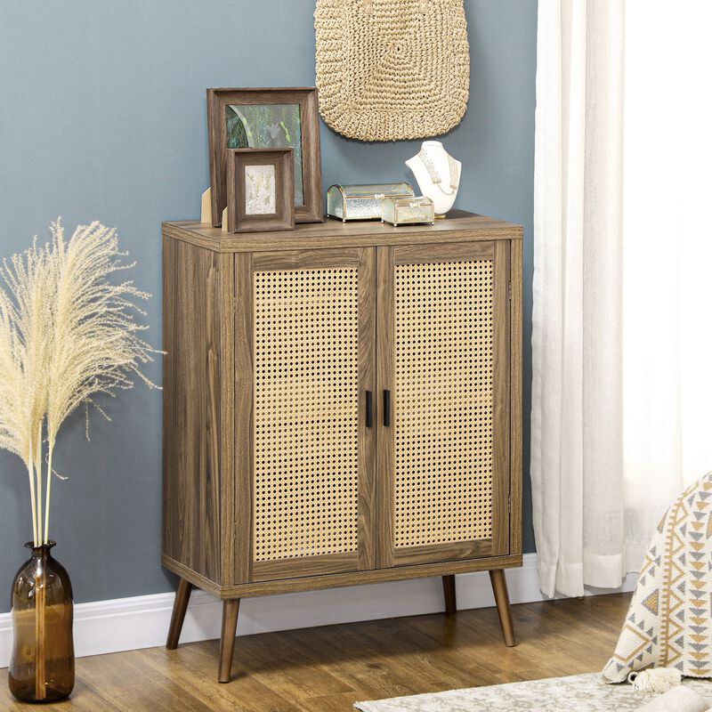 Brown Living Room Storage: Sideboard with Rattan Door & Adjustable Shelf