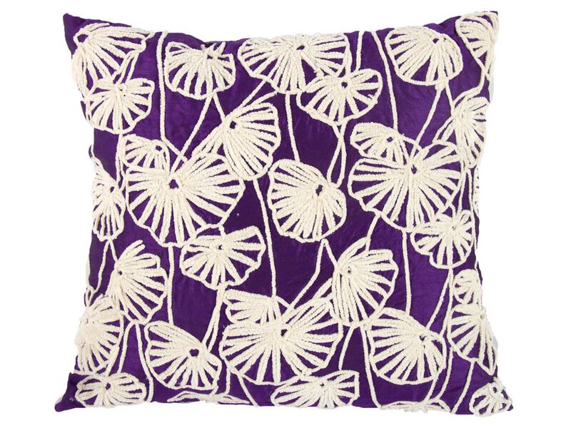 20 x 18 Inch Cotton Pillow with Dupioni Embroidery, White and Purple- Benzara image number 1