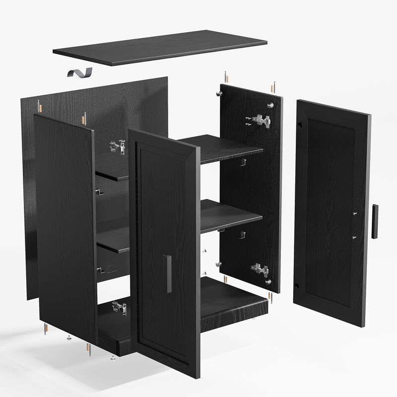 Black Wood Grain Buffet Cabinet, Storage Organizer with Adjustable Shelves and Rattan Doors image number 6