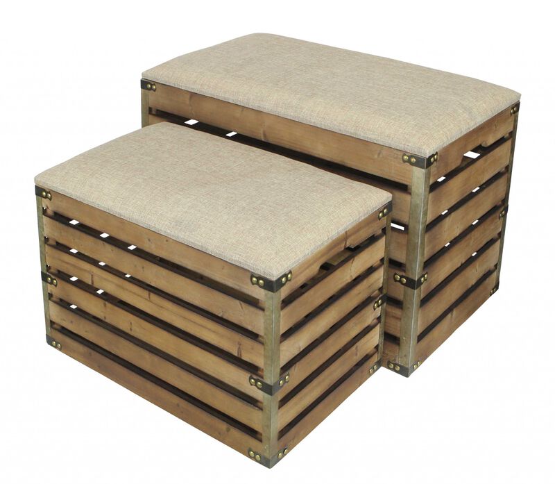 Set of 2 Upholstered Storage Benches with Flip Top and Wood Slat Base for Entryway