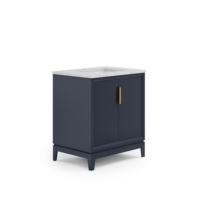 Elizabeth 30 In. Single Sink Carrara White Marble Countertop Bath Vanity In Monarch Blue with Satin Gold Hardware