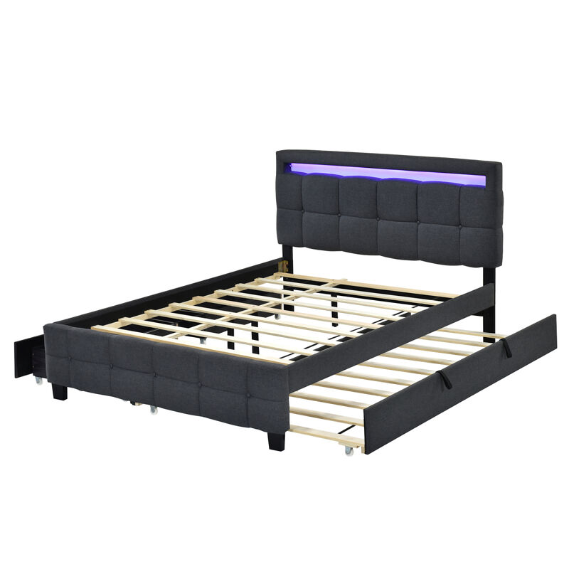 Queen Size Upholstered Platform Bed with LED Frame, with Twin XL Size Trundle and 2 drawers, Linen Fabric, Gray