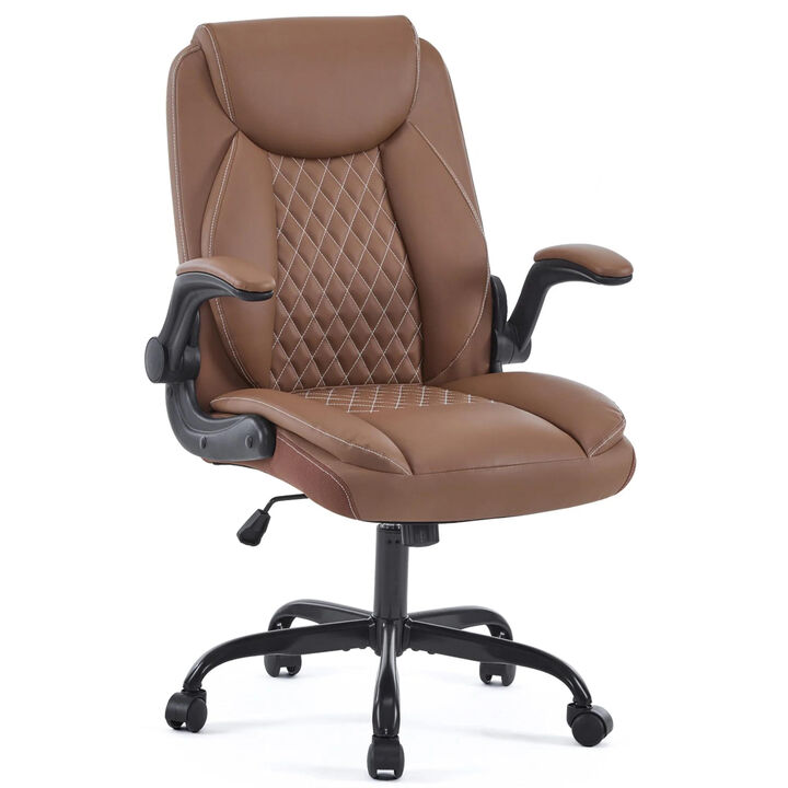 Ergonomic Leather Office Chair with Flip-Up Armrests, Lumbar Support, Swivel & Rocking &ndash; Home Office Desk Chair