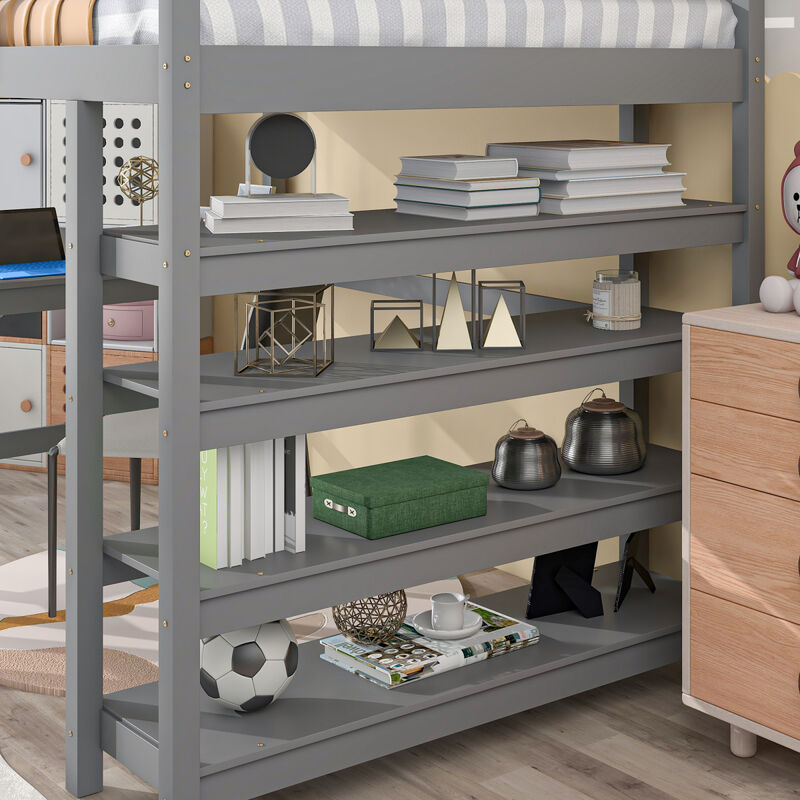 Loft Bed Full with desk,ladder,shelves, Gray