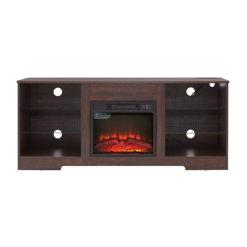 3D Electric Fireplace TV Stand with Glass Shelves, LED Lights & USB Charging Outlet, Fits TVs 32‑62" image number 0