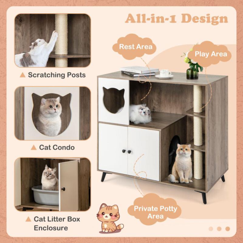 Hivvago Cat Litter Box Enclosure with 3 Sisal Scratching Posts for Indoor Cats-Natural