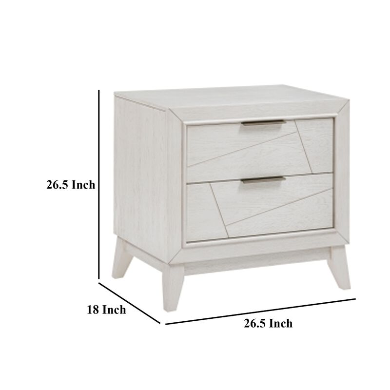 Zine Nightstand, 2 Drawers, Antique White Oak Wood, Flat Black Handles - Benzara