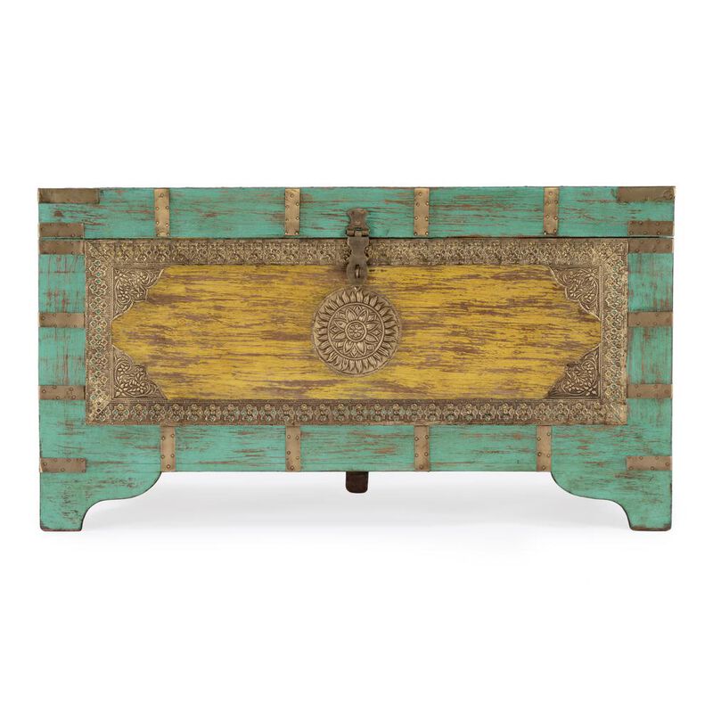 Butler Specialty Nador Hand-Painted Brass Inlay Storage Trunk Coffee Table, Blue, Yellow