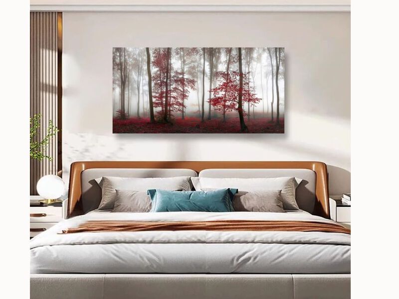Misty Forest Red Tree Canvas Wall Art – 20×40" Framed Nature Print for Living Room, Bedroom & Office